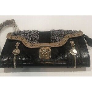 Steampunk Pieced Leather Rosette Clutch Purse Wallet Black Turnlock